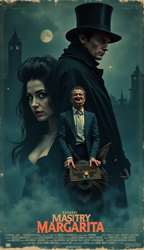 Create an image for a mysterious movie poster based on Bulgakov's "Master and Margarita". Surrealist fantasy thriller set in the 1940s in Bauhaus style with gothic elements. Main characters: half-naked Margarita as a witch with long dark hair and a mysteri...