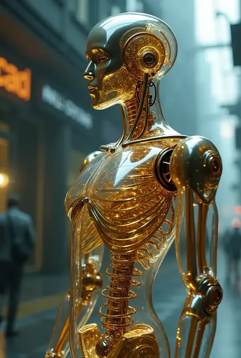 A glassy golden plated body robot with transparent head
