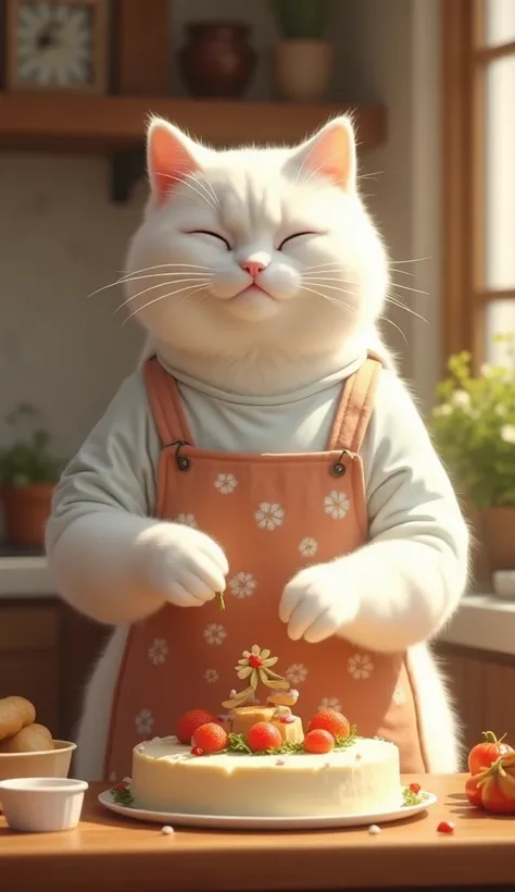 A realistic white cat mother wearing a cooking apron is making a tofu re-cake decorating in a cozy kitchen with a happy feeling