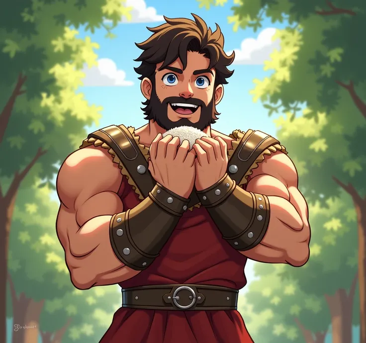 Alone, Rice,  blue eyes,  brown hair,  Shimmering pupils ,  dotted eye contours,  curly hair background,  High resolution little bear,  ,  best quality,  High quality,  Illustration ,  anime style, anime,  Character Design , 

 Hercules is a man of stout t...