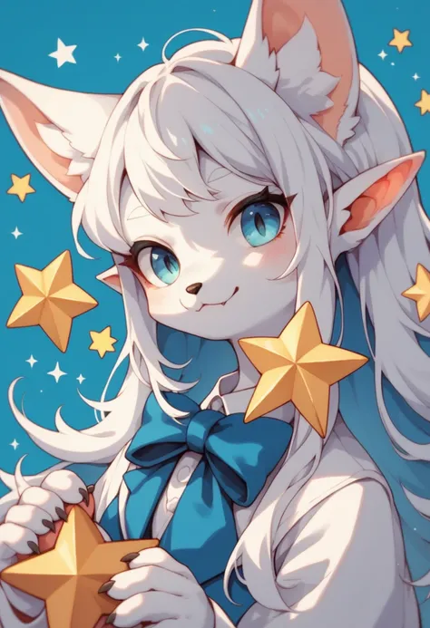  anime girl with white hair and blue ears wearing a bow tie, Portrait by Puru, Pixiv,  Furry Art, White fox,  Neferpitot, pale  holding a star ,  White Fox Ears, one blue ) Big bat ears, , Long, pointy ears, ,  holding a star ,  anime girl with cat ears 