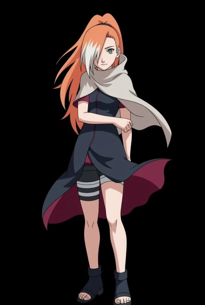 Female character of a   designed for the Naruto Classic universe, in the style of Masashi Kishimoto , Appearance:

Age: 12 anos

Appearance:

hair:  long and flaming ,  with an intense orange tone that seems to shine in the sunlight .  Two white locks high...