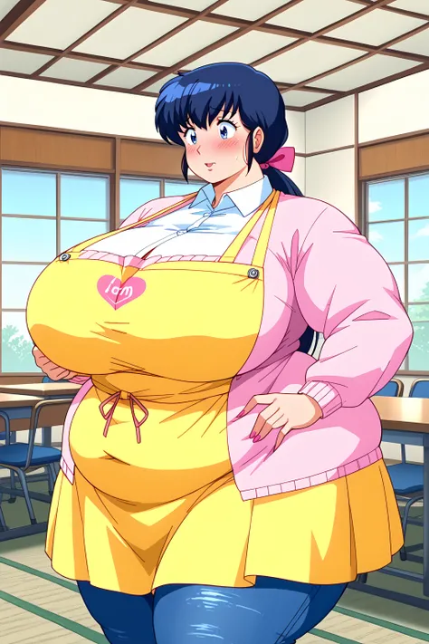 Otonashi Kyoko, long hair、紺色の髪、low ponytail,  pink barrette ribbon、Dark blue eyes、 yellow apron、 pink sweater 、Blue jeans 、white shirt, collared shirt,gigantic breasts,enormous breasts,Sloppy belly fat,Japanese-style room, troubled expression, embarrassed ...