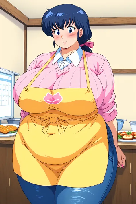 Otonashi Kyoko, long hair、紺色の髪、low ponytail,  pink barrette ribbon、Dark blue eyes、 yellow apron、 pink sweater 、Blue jeans 、white shirt, collared shirt,gigantic breasts,enormous breasts,Sloppy belly fat,Japanese-style room, troubled expression, embarrassed ...