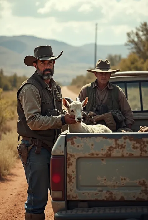 Some hunters were carrying a baby goat in a truck