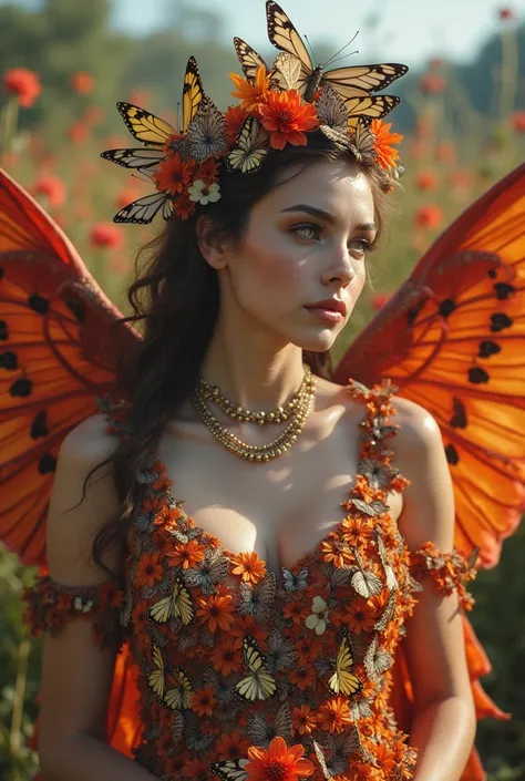 photorealistic, the wide body of a female angel ,  Perfect face,  perfect figure ,  in a headdress and a dress made of many butterflies, weird,  gorgeous , Grand,  when you see this , you'll be amazed ,  in the background red flowers 