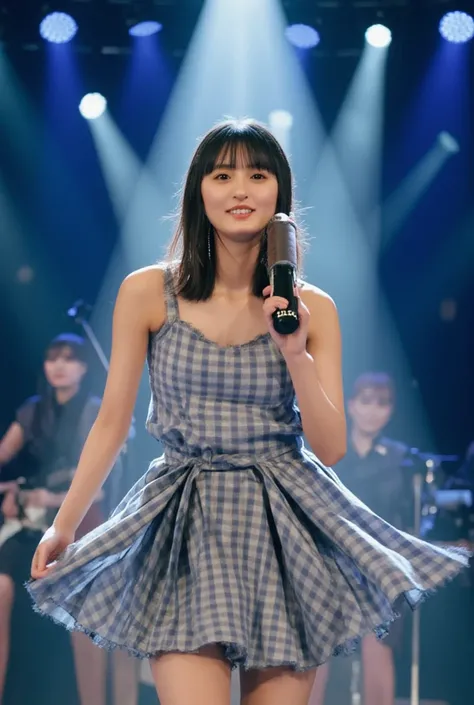 (8k、   RAW photo 、   Top Quality  、Masterpiece:1.2)、(   is present 、   is present )、   1 girl、((  off-the-shoulder polka dot dress、 、   on stage、   illuminated by spotlights 、  front view 、smile、   and stare at the camera  、smile、   full body photo:1.5))、 ...