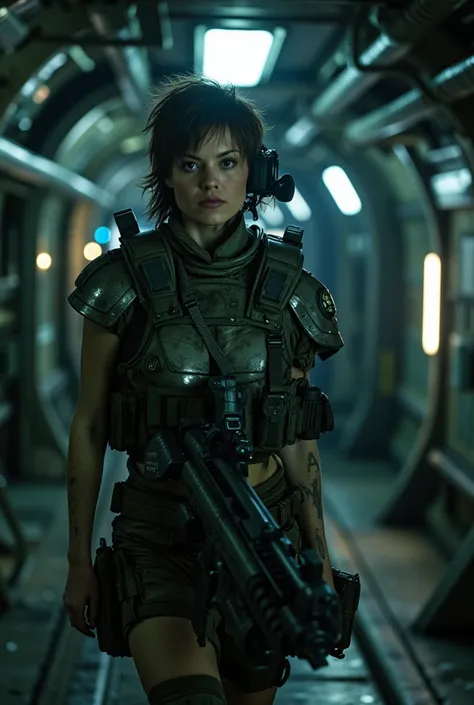 In a dark industrial alien set, female colonial marine massively breasts,wearing colonial marines costume in an underground industrial service tunnel,Large breasts . Holding colonial marines pulse tifle. Cinematic lighting 