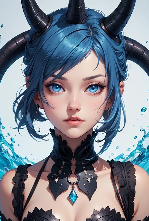  a close up of a woman with horns on her head, digital art, by Yang J, wallpaper anime blue water, discord profile picture, dark goth queen with blue eyes, ross tran style