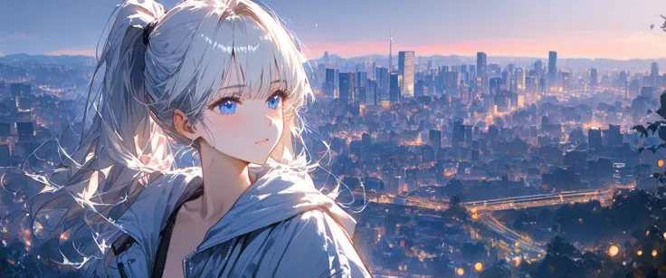 HD 8k Handsome sexy-cute, 1 Human focus female Medium Length Rainbow hair white hair Ponytail, blue eyes, looking away (highest quality, sexy aesthetic:1.2), chill, Background is Relaxing stile, vibrant, 1980's Tokyo chill Emotional cityscape, heart peace,...