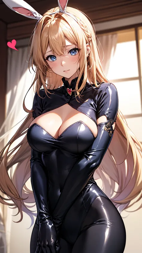 long hair, clear skin,shiny hair,ultra detailed eyes, large breasts, ,blush, shy,
reverse bunnysuit, heart maebari, heart pasties, armwear,elbow gloves,
blonde hair, blunt bangs, bunny ears, fake animal ears,