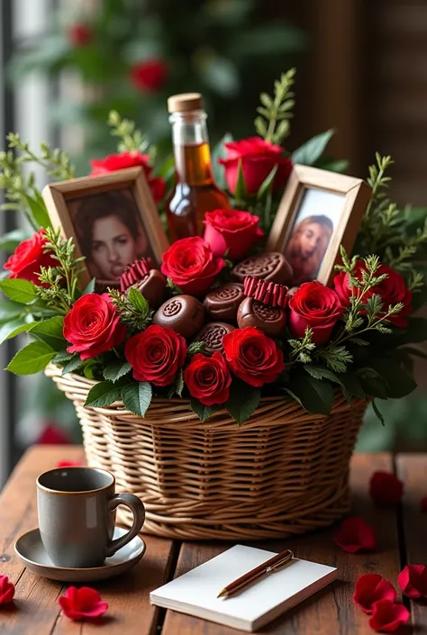 PANIER CADEAU AVEC DES FLEURS  ROUGE CHOCOLAT; tasse;bloc note; stylo;cadre photo;jus;