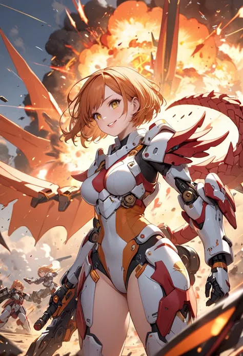 A mechanical girl, Beautiful, cute and sexy. orange short hair, yellow eyes, white mechanical armor and red trim,  She has Large symmetrical mechanical dragon wing on her both shoulders and Large symmetrical mechanica dragon tails on her back. battle scene...