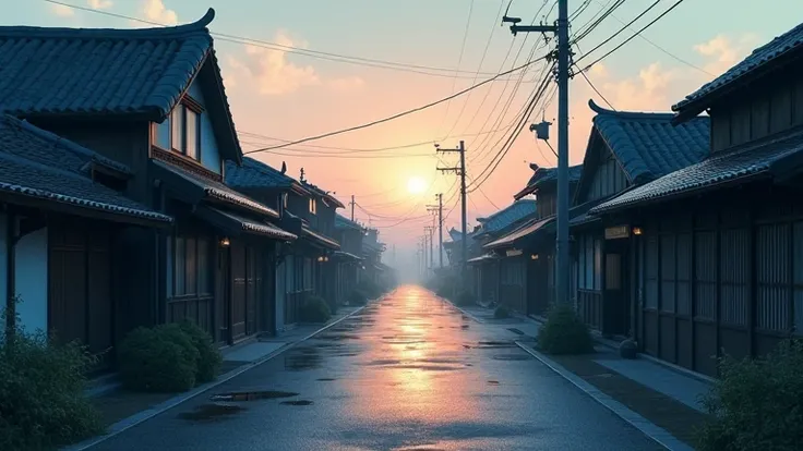 Deserted street at dawn in a Japanese village in the last century, Simple farmers' lives,  melancholic mood , the rainy night