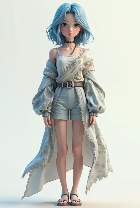 Create a 3D drawing of a girl with medium-long blue hair standing in clothes 