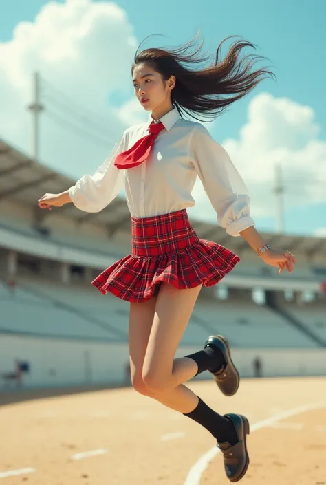  white blouse、 red tie、 red plaid mini skirt、 A slender Japanese beauty in black high socks jumping on a windy stadium、強風の競技場でジャンプしている