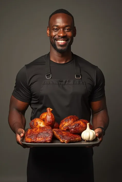  A black man holding a tray with smoked chicken, smoked sausage, smoked chicken garlic and smoked rib 