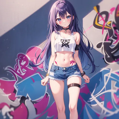   ridiculous ,  best quality ,1 Female, Alone,  streak hair,  Crop Top ,  denim shorts,  choker, ( graffiti:1.4), ペイントof飛沫,  cross your arms on your back, ( walking slowly ), ( leaning against the backrest :0.5),   facing viewer  , (of　Margin pony :0.5),  ...