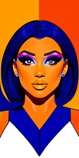 pop makeup style, pop art look, orange and blue colors, sexy face with full makeup, orange and purple color scheme