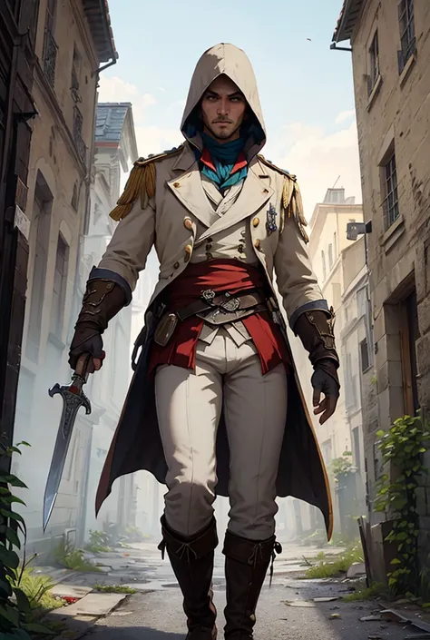  assassins Creed unity, he holds a sword,, he has an entirely white outfit of a 17th century style French soldier, with a hood, face hidden, white uniform, full body views, Paris roof, dusk