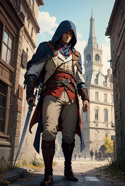  assassins Creed unity, he holds a sword,, he has an entirely white outfit of a 17th century style French soldier, with a hood, face hidden, white uniform, full body views, Paris roof, dusk