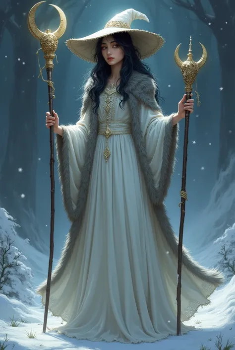 Ranni the witch with moon staff, in a pointed hat, white dress and gray fur, black hair in a winter background 