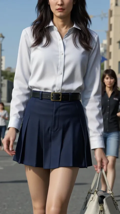 ((  angle  、  best quality  、Masterpiece、32K、  EVERY LITTLE DETAILS   ))、Descend the outdoor stairs、commute、Systemic symptoms、   traditional navy blue sailor suit  、  white blouse、  pleated skirt、(((   blown by a strong wind, her hair and skirt   :1.62)))、...