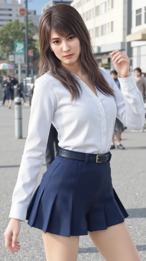 ((  angle  、  best quality  、Masterpiece、32K、  EVERY LITTLE DETAILS   ))、Descend the outdoor stairs、commute、Systemic symptoms、   traditional navy blue sailor suit  、  white blouse、  pleated skirt、(((   blown by a strong wind, her hair and skirt   :1.62)))、...