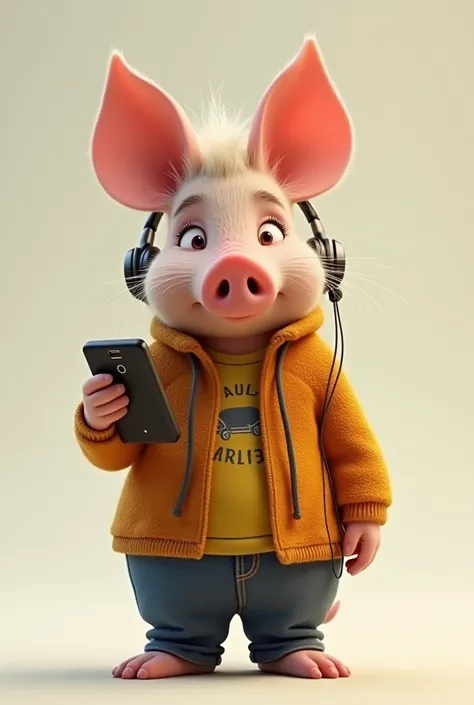 Style Pixar: un petit et gros porcelet en tenue de comptable.barbu,cheveux chatain ,il tient son téléphone portable dans une main et à des écouteurs dans les oreilles. Il est debout et à un air exubérant.