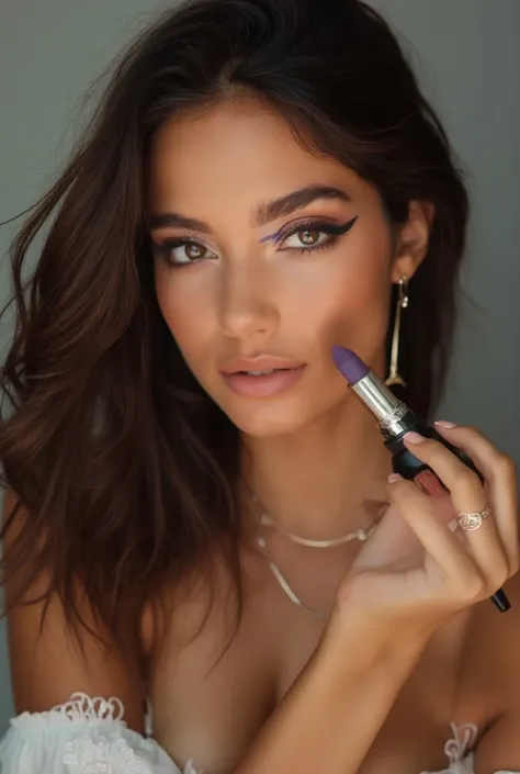 A made-up brunette Brazilian woman holding makeup