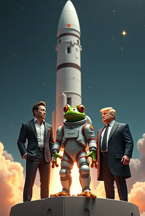 Make an astronaut frog with the clothes written Space Frog x he is with Elon Musk and Trump on top of a rocket