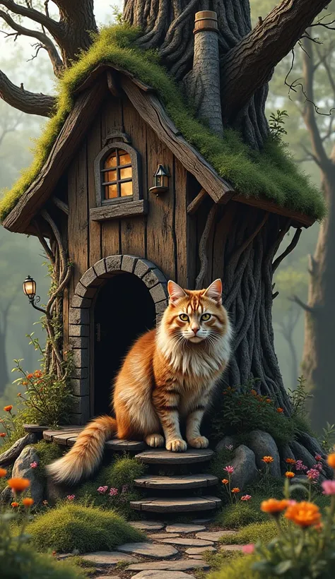 fabulous old fairy house on an old tree ,  on the porch of the house sits a huge shaggy cat with a fluffy tail close-up garden, flowers, magical world, aesthetically pleasing, beautiful,  realistic,  professional photo, 4K,  high resolution,  High detail