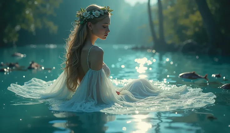 php echo (((the highest quality, HD version of a full body image))) showcasing the ethereal beauty of the Goddess of the Moonlit Lake. She exudes an air of aquatic grace, adorned in flowing translucent attire that enhances her otherworldly charm. The moon'...