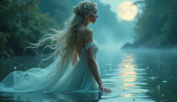 php echo (((the highest quality, HD version of a full body image))) showcasing the ethereal beauty of the Goddess of the Moonlit Lake. She exudes an air of aquatic grace, adorned in flowing translucent attire that enhances her otherworldly charm. The moon'...