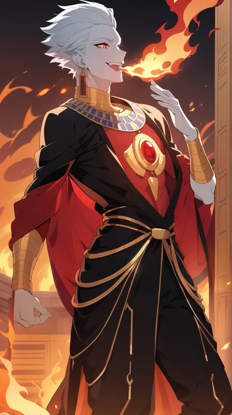 
Pharoah, Handsome, pale white skin, short slicked back white hair. Glowing red demon Eyes, Egyptian Black Velvet Robes, Gold Embroidered Black velvet Egyptian pants. Wears a gold chained glowing Ruby circular Egyptian amulet. Has gold rings. Long ruby ear...