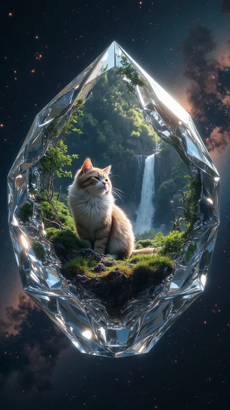 A beautiful crystal floating in space.There is a very cute fluffy mikeneko sitting in the crystal, and a miniature landscape with a waterfall flowing in the background inside the crystal.The outer space is decorated with vast galaxies, and countless stars ...