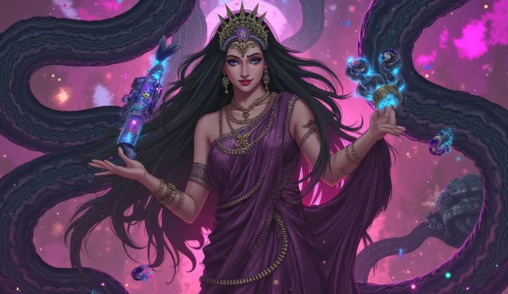 Queen Of Snakes, holding Venom Juice indian Saree, long hairs, anime style. Cyber style art.