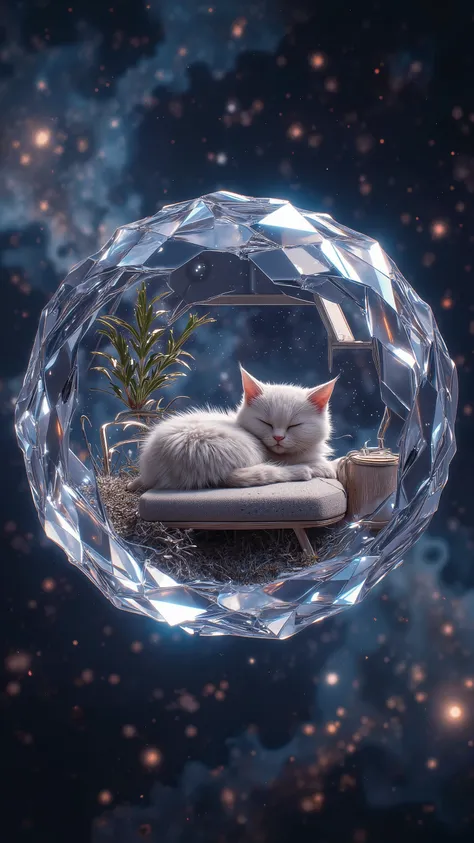 A beautiful crystal floating in space.Inside the crystal is a very cute fluffy mikeneko sitting on a sofa, and inside the crystal is a miniature landscape of a house living room.The outer space is decorated with vast galaxies, and countless stars are twink...