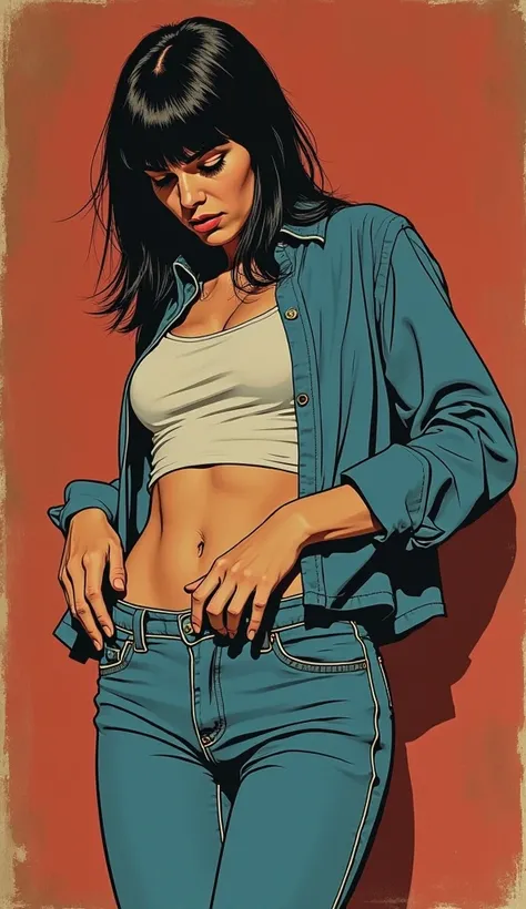 vintage masterpiece,70s comic, vintage, desperately touches her crotch:1.3, unbuttoned jeans,sexual tension,retro atmosphere, straight hair, simple image, shirt, deep dark blue, looks back, bum