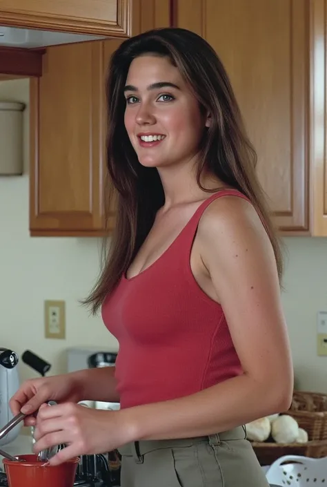 a school girl, Jennifer Connelly at age 15, whole body shot, no make up, busty, cooking , masterpiece:1.4,