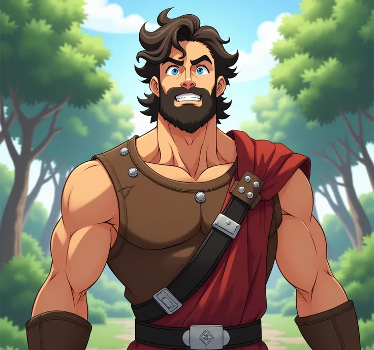 Alone, Rice,  blue eyes,  brown hair,  Shimmering pupils ,  dotted eye contours,  wavy hair ,  High resolution little bear,  ,  best quality,  High quality,  Illustration ,  anime style, anime,  Character Design , 

 Hercules is a man of stout tall and imp...