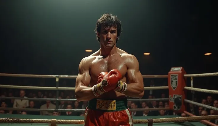 Sylvester Stallone as rocky ready for boxing match inside boxing ring. 