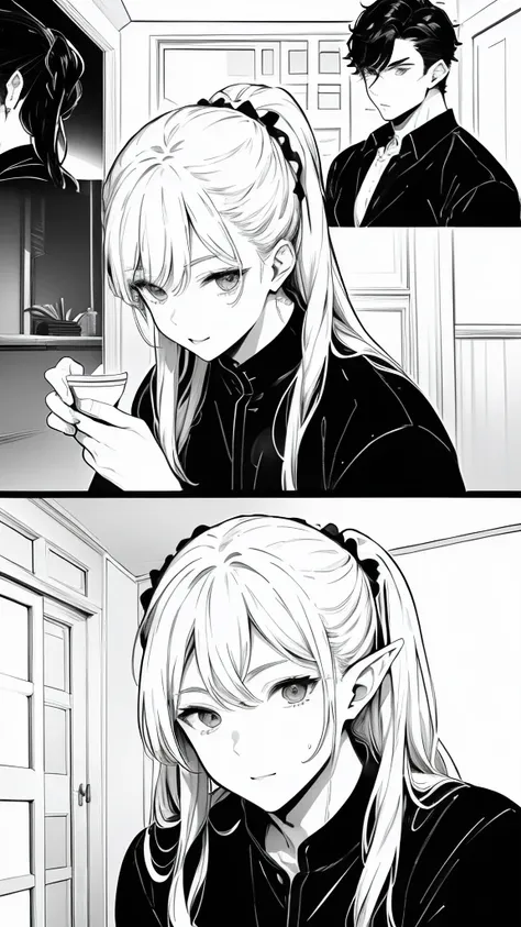 (((Masterpiece,                  high resolution,                  Top Quality        、 It accurately represents the face       )))、 ( Black and White、A comic where handsome elves make you happy in 3 scenes)