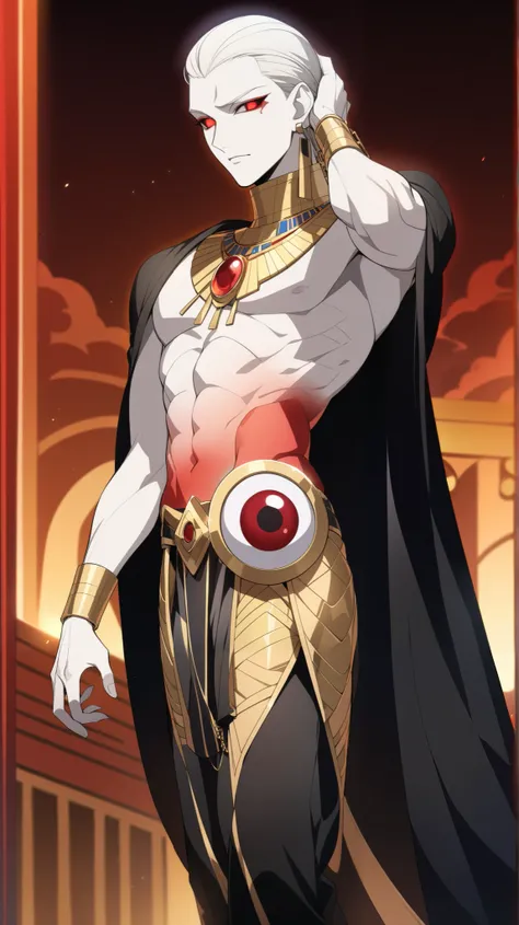 
Pharoah, Handsome, pale white skin, short slicked back white hair. Glowing red demon Eyes, Egyptian Black Velvet Robes, Gold Embroidered Black velvet Egyptian pants. Wears a gold chained glowing Ruby circular Egyptian amulet. Has gold rings. Long ruby ear...