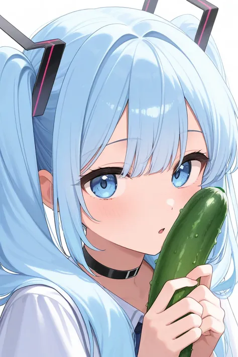 Beautiful girl holding a cucumber、She's a machine made for singing. She's 158 cm tall, light blue hair, long twin tails、Has blue eyes