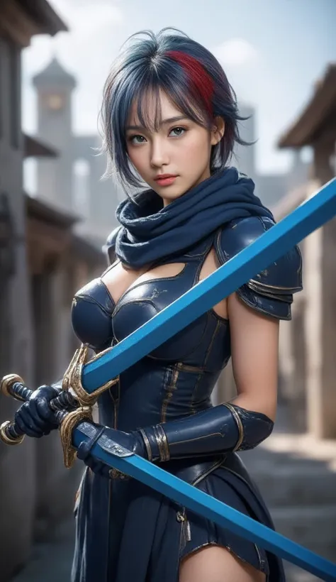 Blue Swordsman 、 holds blue swords on both hands 、woman、、Western Europeans、 Beautiful Girl、 blue hair shortcut 、 with bangs aligned above the eyebrows、 has blue swords in both hands {x} dyed one part of his bangs red、wear blue armor 、 wears blue arm guards...