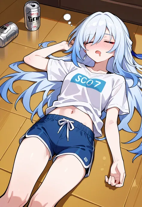 1girl, solo, jingliu (honkai: star rail), hair down, closed eyes, open mouth, sleeping, drool, bare navel, shirt, shorts, narrow waist,blush, drunk:1.3, beer cans, lying on floor, {{{masterpiece,best quality,amazing quality,very aesthetic,high resolution,u...