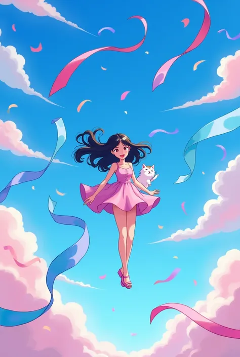 A long-haired woman with medium black hair, no bangs, wearing short fantasy clothes floating in the sky, with a cat, with a lot of floating ribbons, the whole picture is mostly blue, pink, cartoon.