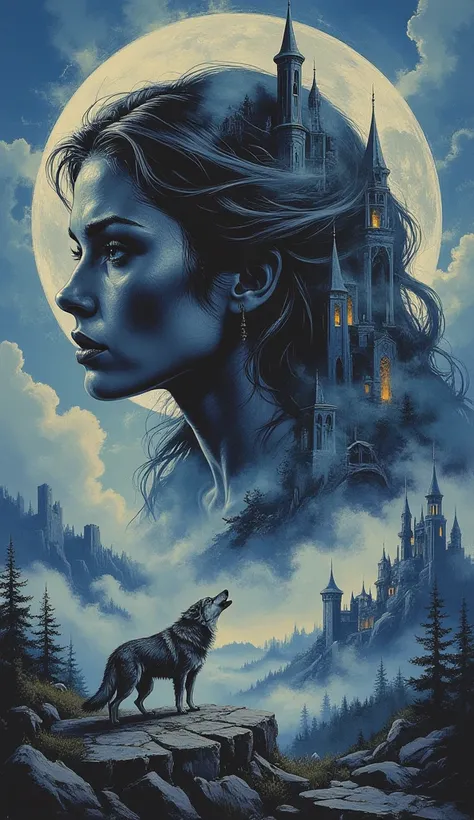  layering ,  double exposure ,  beautiful female face in profile instead of hair, blue fairytale palace , Moon Forest, wolf, howling at the moon , Fantasy, Surrealism.