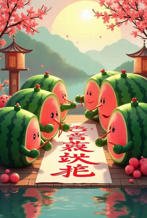 Photo of watermelons writing New Year calligraphy